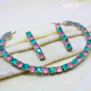 Pink and Teal Alternating Crystal Tennis Necklace & Earring Set