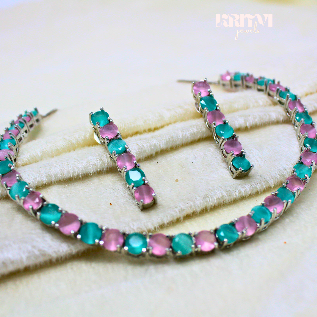 Pink and Teal Alternating Crystal Tennis Necklace & Earring Set