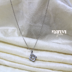 Silver Finish Quatrefoil Pendant with Solitaire Center and Crystal Halo