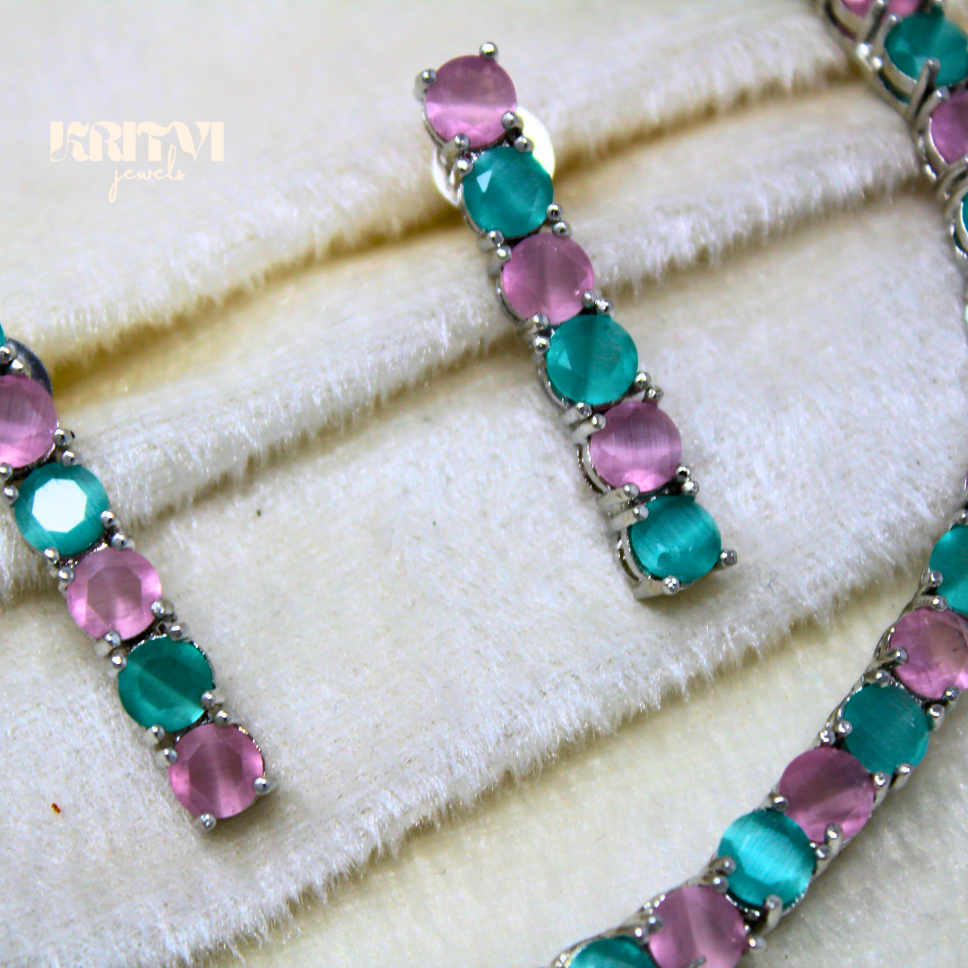 Pink and Teal Alternating Crystal Tennis Necklace & Earring Set - Image 2