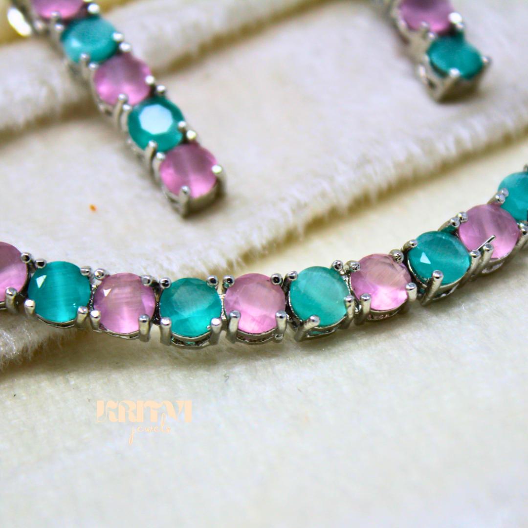 Pink and Teal Alternating Crystal Tennis Necklace & Earring Set - Image 3
