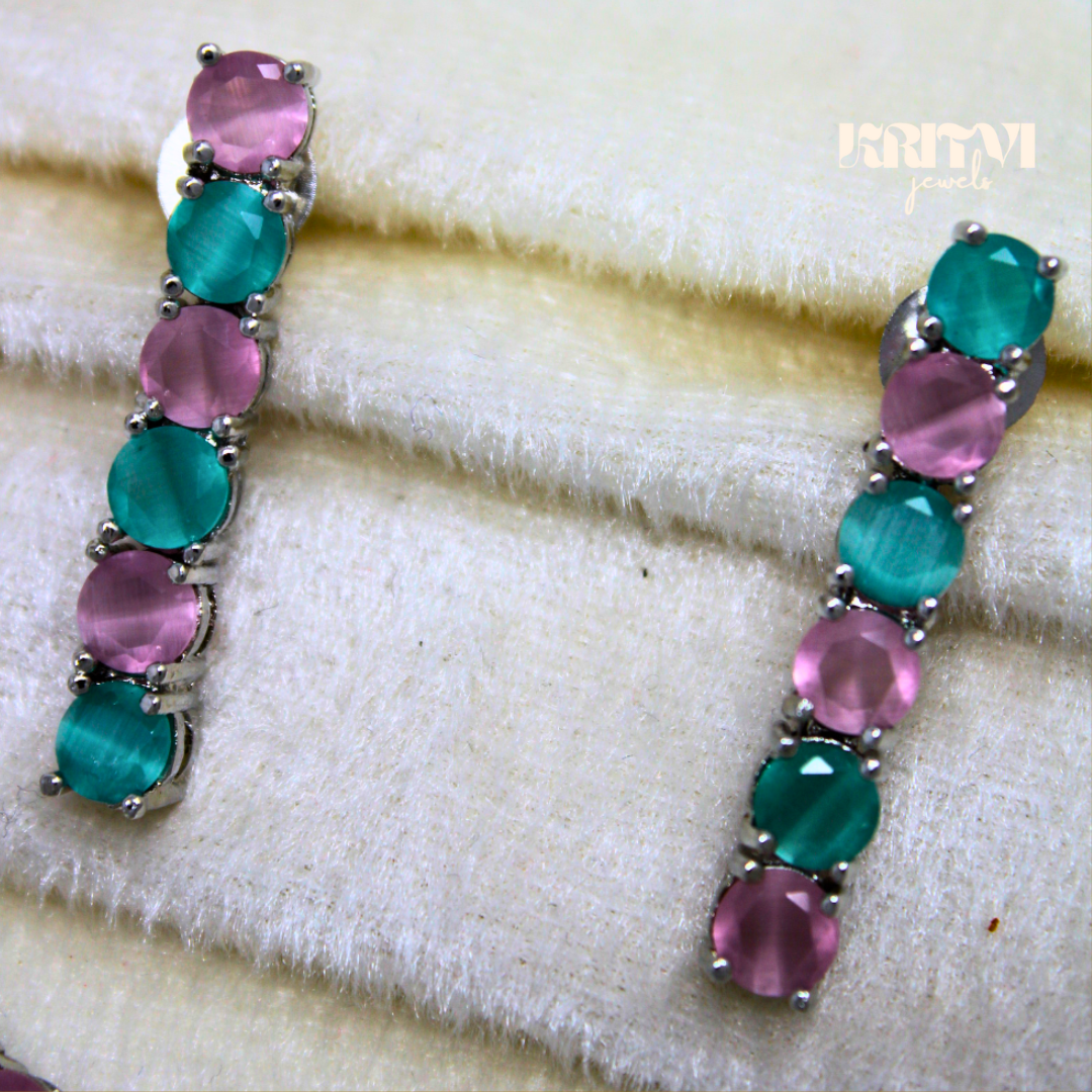 Pink and Teal Alternating Crystal Tennis Necklace & Earring Set - Image 4