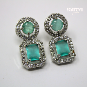 Emerald Green Halo Drop Earrings Set in Silver Finish