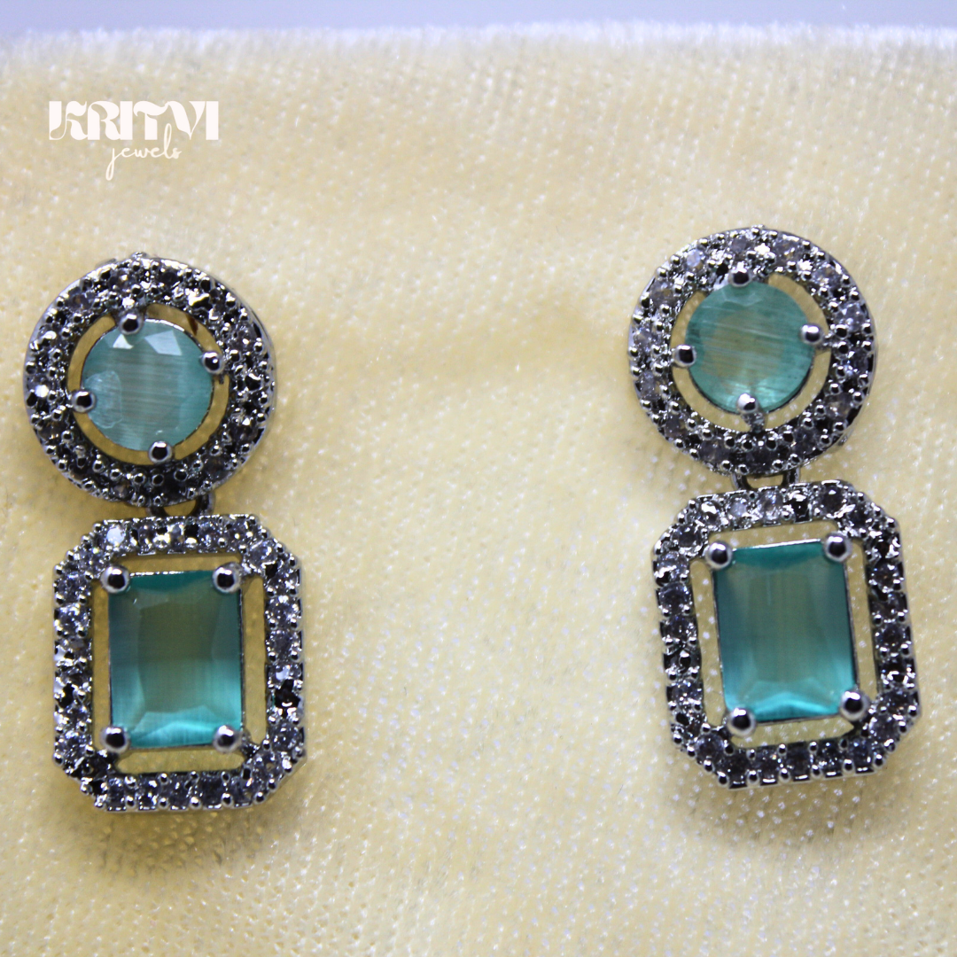 Emerald Green Halo Drop Earrings Set in Silver Finish - Image 2