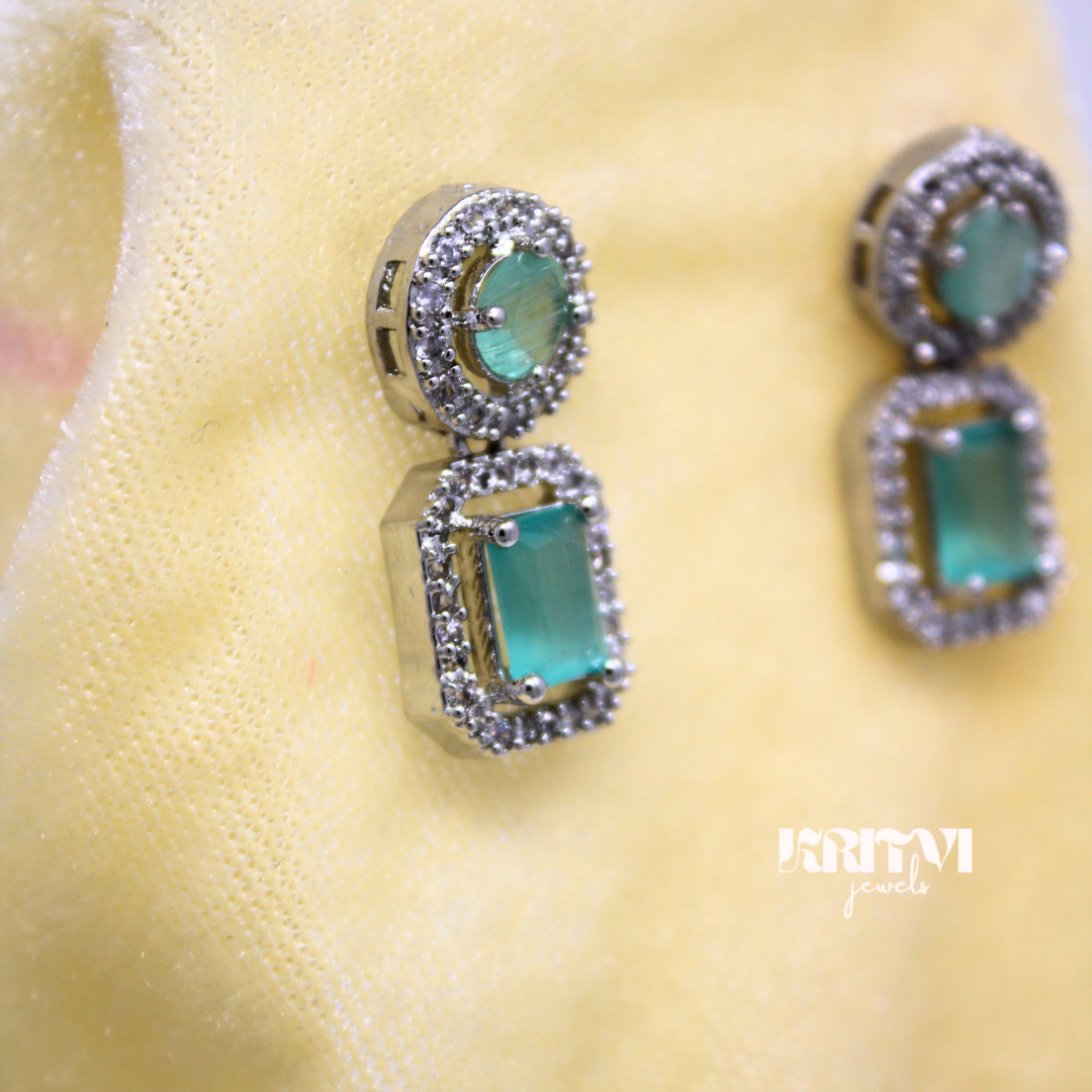 Emerald Green Halo Drop Earrings Set in Silver Finish - Image 3
