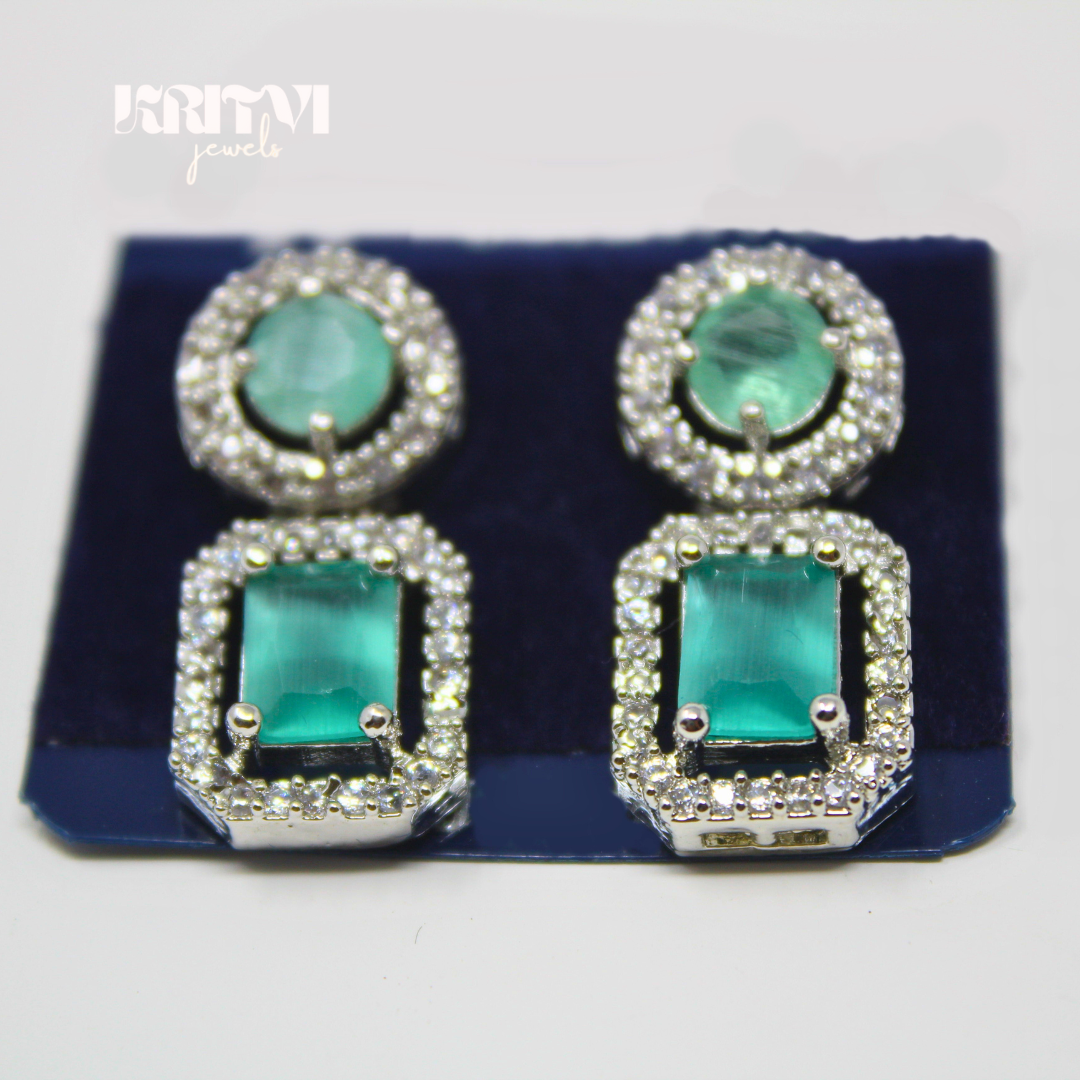 Emerald Green Halo Drop Earrings Set in Silver Finish - Image 4